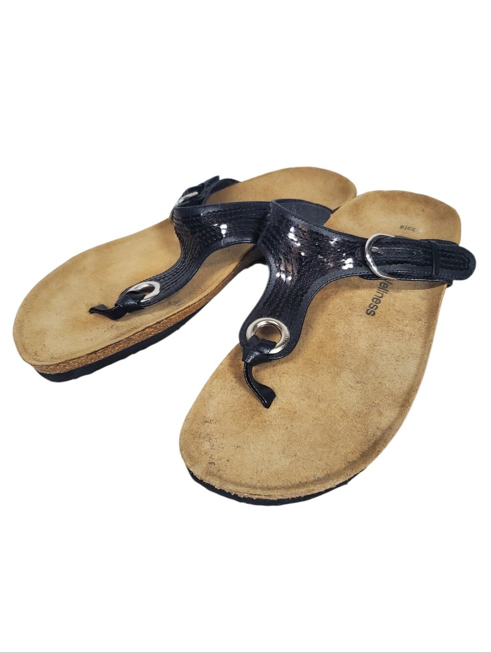 Euro Wellness Black Sequin Glitter Thong Sandal Comfort Size 7.5/8 Adustable M